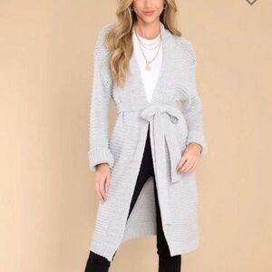 Miracle Relax More Grey Midi Cardigan Tie Chunky Knit M/L